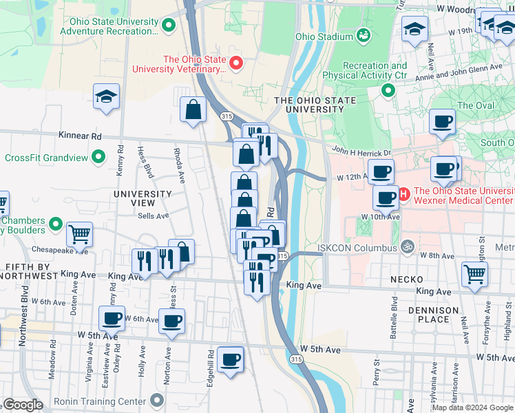 map of restaurants, bars, coffee shops, grocery stores, and more near 1647 Olentangy River Road in Columbus
