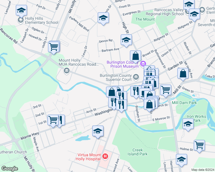map of restaurants, bars, coffee shops, grocery stores, and more near 134 Rancocas Road in Mount Holly