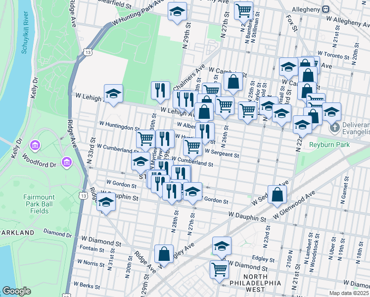map of restaurants, bars, coffee shops, grocery stores, and more near 2534 North 28th Street in Philadelphia
