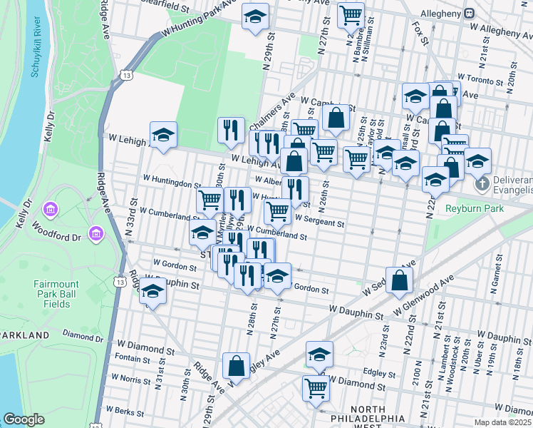 map of restaurants, bars, coffee shops, grocery stores, and more near 2534 North 28th Street in Philadelphia