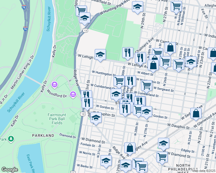 map of restaurants, bars, coffee shops, grocery stores, and more near 2500 North 31st Street in Philadelphia