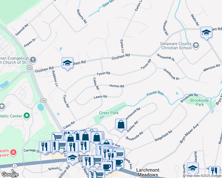 map of restaurants, bars, coffee shops, grocery stores, and more near 3438 Horton Road in Newtown Square