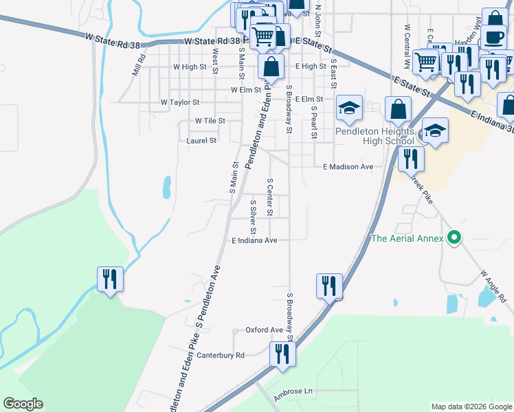 map of restaurants, bars, coffee shops, grocery stores, and more near 628 South Center Street in Pendleton