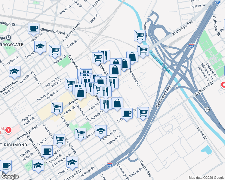 map of restaurants, bars, coffee shops, grocery stores, and more near 3745 Aramingo Avenue in Philadelphia
