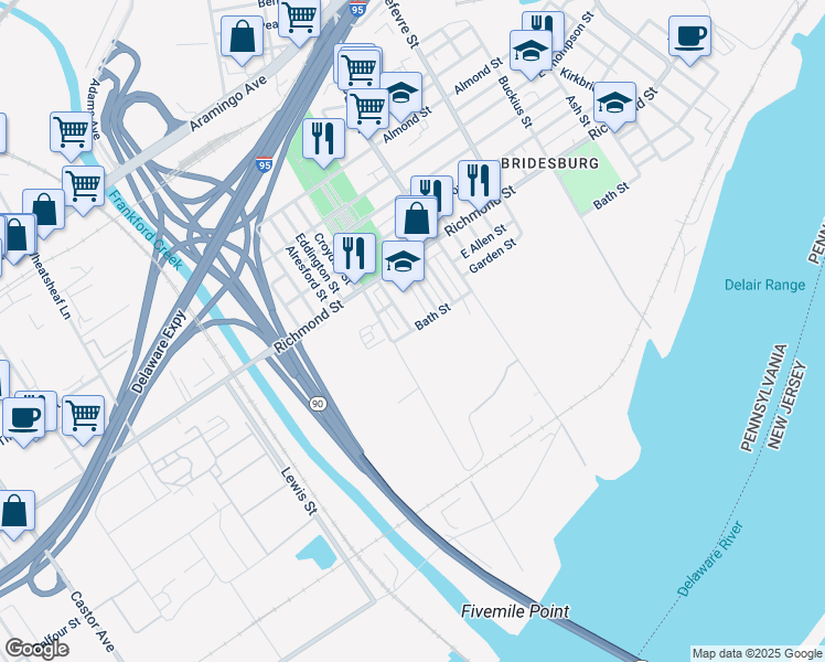 map of restaurants, bars, coffee shops, grocery stores, and more near 4301 East Bristol Street in Philadelphia