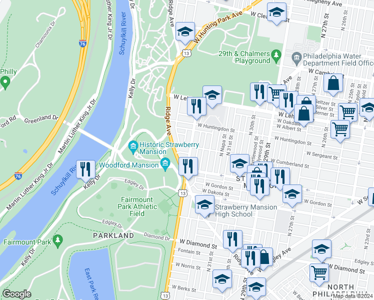 map of restaurants, bars, coffee shops, grocery stores, and more near 2446 North 33rd Street in Philadelphia