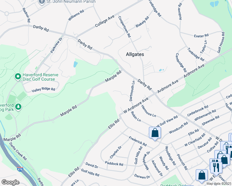 map of restaurants, bars, coffee shops, grocery stores, and more near 20 Dartmouth Lane in Haverford