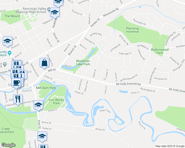 map of restaurants, bars, coffee shops, grocery stores, and more near 64 Dawn Drive in Mount Holly