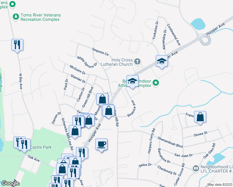 map of restaurants, bars, coffee shops, grocery stores, and more near Hooper Avenue in Toms River