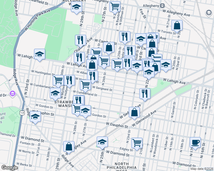 map of restaurants, bars, coffee shops, grocery stores, and more near 2534 West Huntingdon Street in Philadelphia