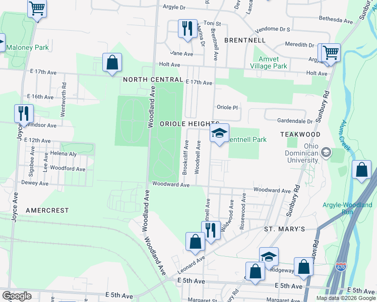 map of restaurants, bars, coffee shops, grocery stores, and more near 1300 Brookcliff Avenue in Columbus