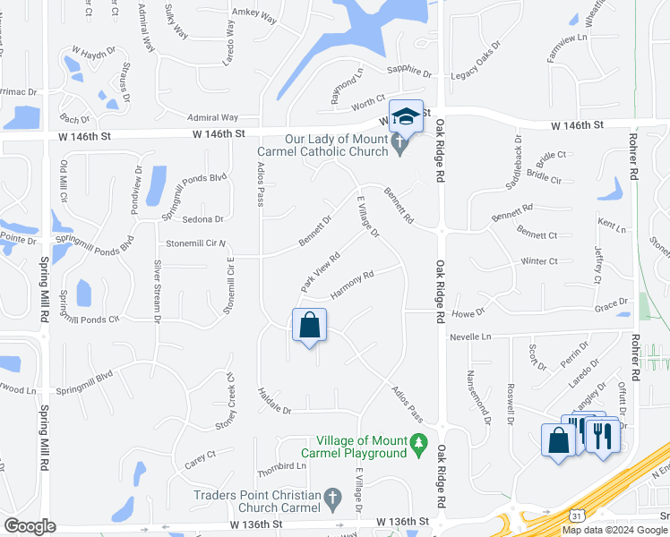 map of restaurants, bars, coffee shops, grocery stores, and more near 101 Park View Road in Carmel