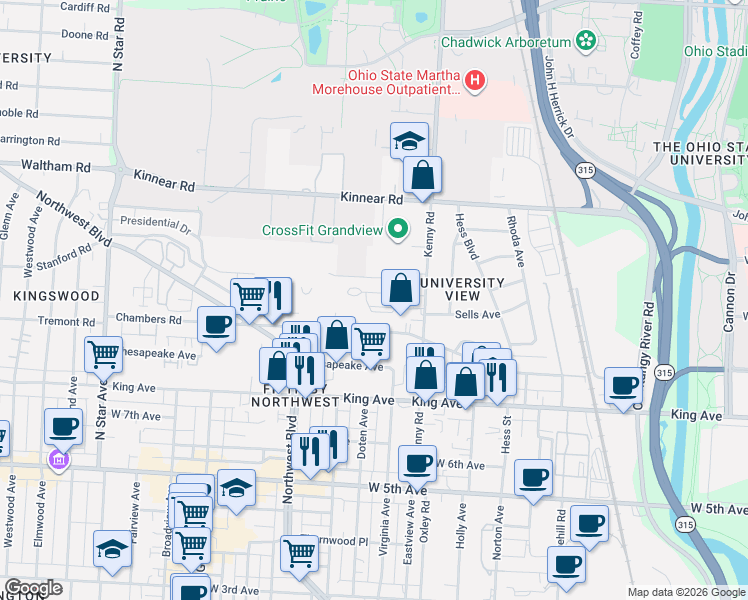 map of restaurants, bars, coffee shops, grocery stores, and more near 1109 Sells Avenue in Columbus