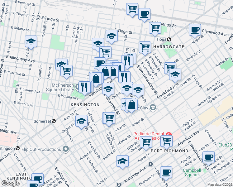 map of restaurants, bars, coffee shops, grocery stores, and more near 3140 Jasper Street in Philadelphia