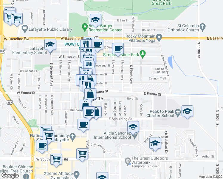 map of restaurants, bars, coffee shops, grocery stores, and more near 403 East Emma Street in Lafayette