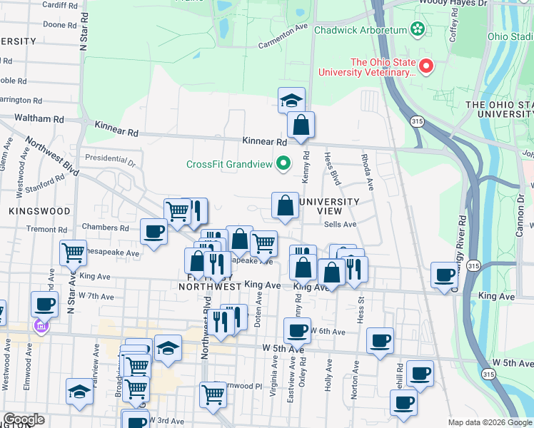 map of restaurants, bars, coffee shops, grocery stores, and more near 1109 Sells Avenue in Columbus