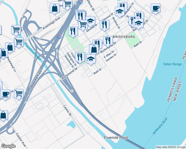 map of restaurants, bars, coffee shops, grocery stores, and more near 4301 East Bristol Street in Philadelphia