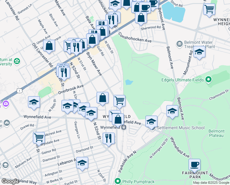 map of restaurants, bars, coffee shops, grocery stores, and more near 2291 Bryn Mawr Avenue in Philadelphia