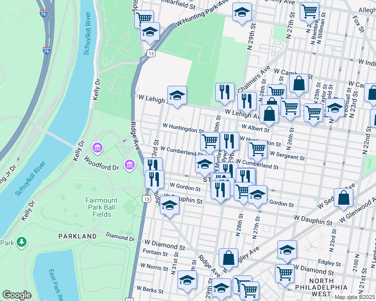 map of restaurants, bars, coffee shops, grocery stores, and more near 3113 West Cumberland Street in Philadelphia
