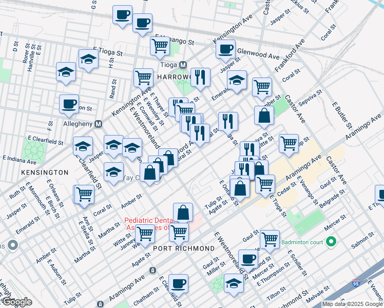 map of restaurants, bars, coffee shops, grocery stores, and more near 3368 Amber Street in Philadelphia