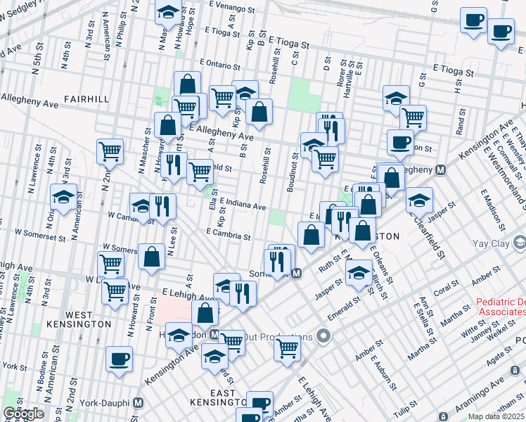 map of restaurants, bars, coffee shops, grocery stores, and more near 354 East Indiana Avenue in Philadelphia