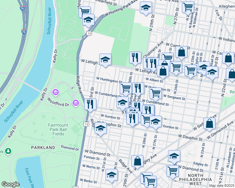 map of restaurants, bars, coffee shops, grocery stores, and more near 2507 North 31st Street in Philadelphia