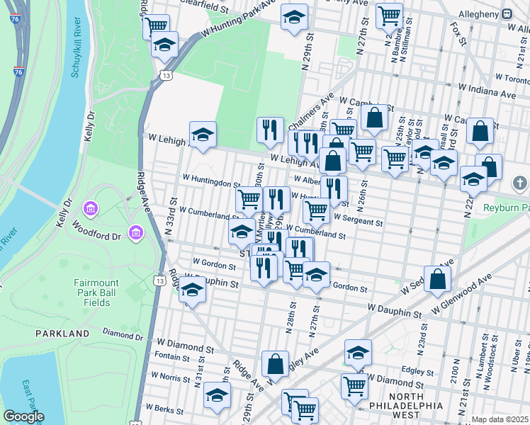 map of restaurants, bars, coffee shops, grocery stores, and more near 2521 North Myrtlewood Street in Philadelphia