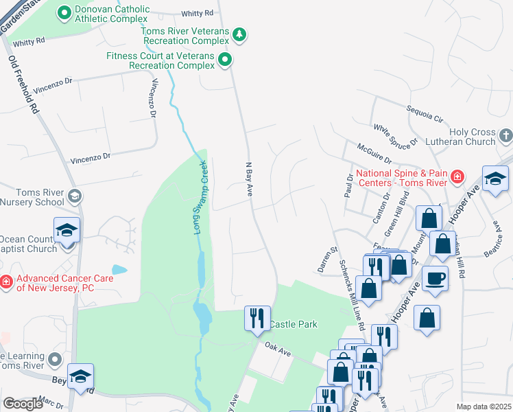 map of restaurants, bars, coffee shops, grocery stores, and more near 12 Palmetto Drive in Toms River
