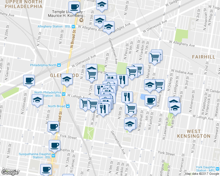 map of restaurants, bars, coffee shops, grocery stores, and more near 2756 Germantown Ave in Philadelphia