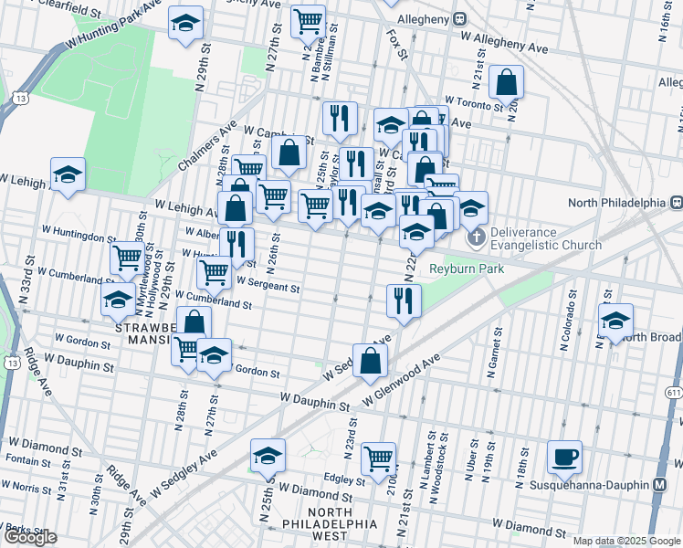 map of restaurants, bars, coffee shops, grocery stores, and more near 2605 North 24th Street in Philadelphia
