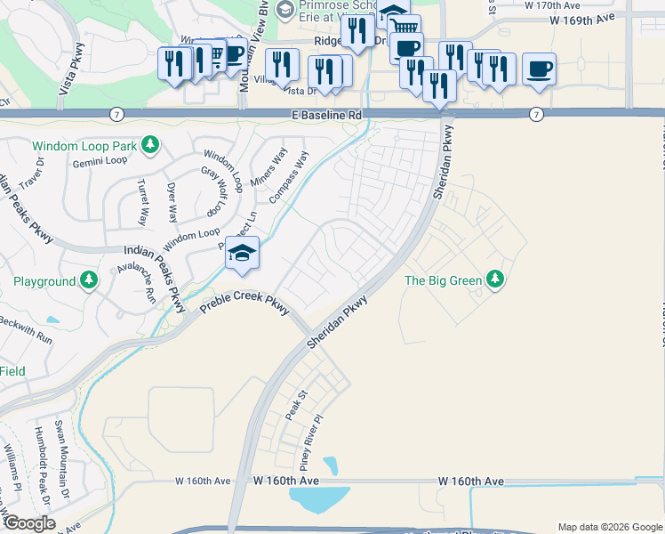 map of restaurants, bars, coffee shops, grocery stores, and more near 2337 West 165th Lane in Broomfield