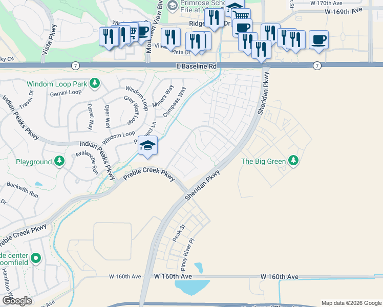 map of restaurants, bars, coffee shops, grocery stores, and more near 2337 West 165th Lane in Broomfield