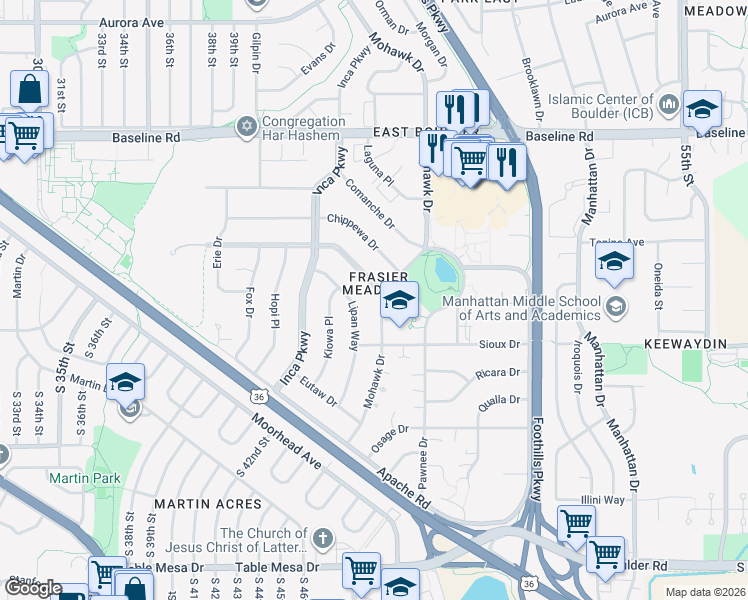 map of restaurants, bars, coffee shops, grocery stores, and more near in Boulder