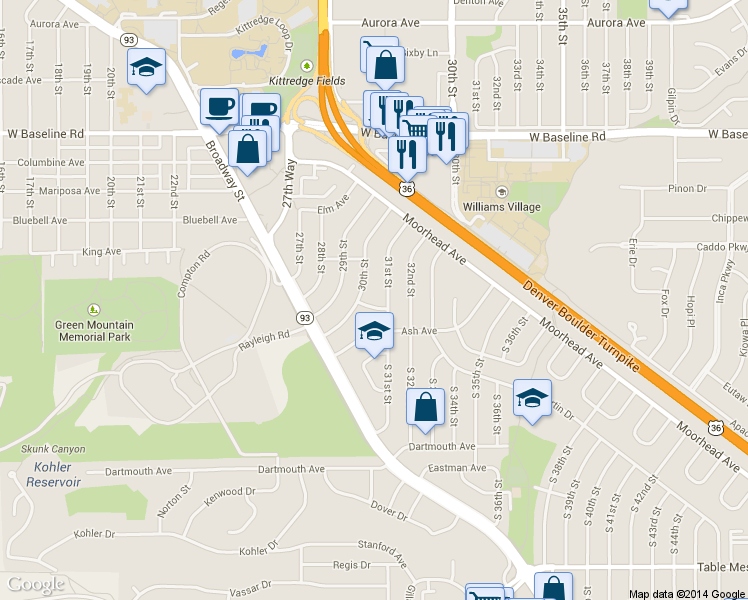 map of restaurants, bars, coffee shops, grocery stores, and more near 3025 Birch Avenue in Boulder