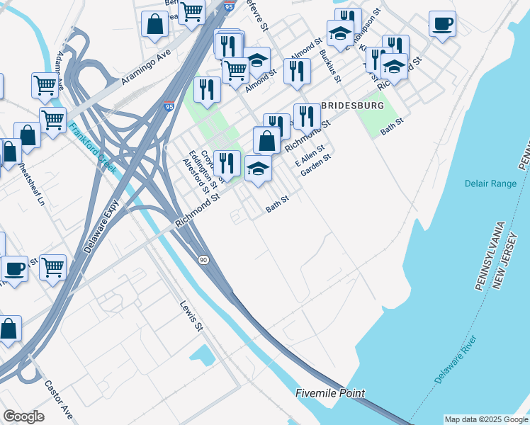 map of restaurants, bars, coffee shops, grocery stores, and more near 2877 Hedley Street in Philadelphia