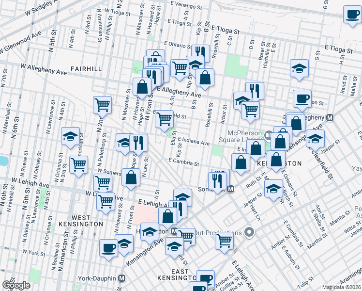 map of restaurants, bars, coffee shops, grocery stores, and more near 2959 B Street in Philadelphia
