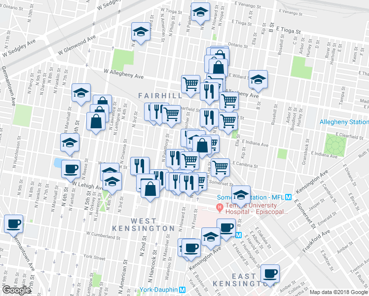 map of restaurants, bars, coffee shops, grocery stores, and more near 2911 North Mascher Street in Philadelphia