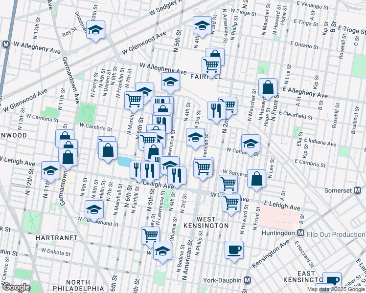 map of restaurants, bars, coffee shops, grocery stores, and more near 2834 North 4th Street in Philadelphia
