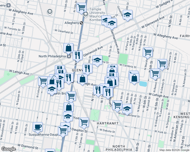 map of restaurants, bars, coffee shops, grocery stores, and more near 2731 North 13th Street in Philadelphia