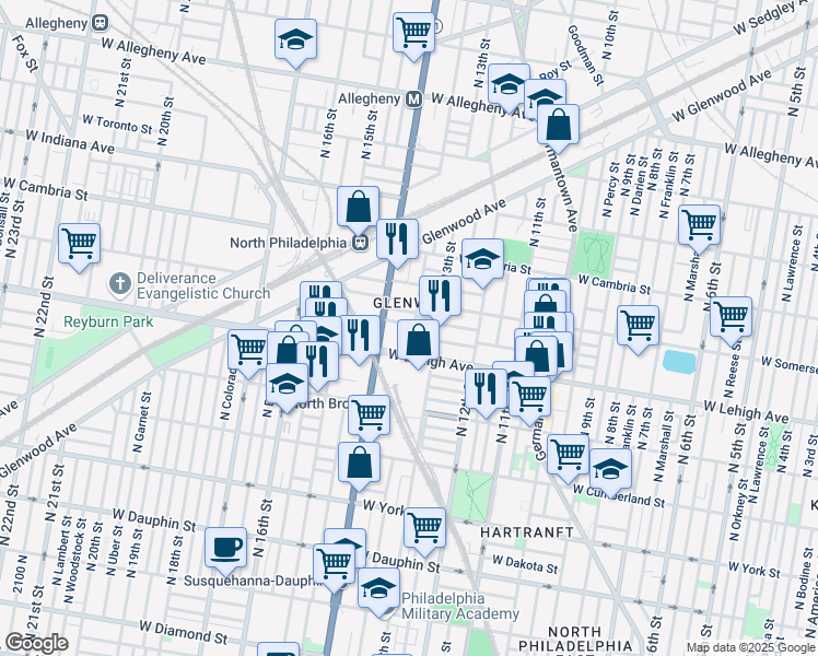 map of restaurants, bars, coffee shops, grocery stores, and more near 2727 North Park Avenue in Philadelphia