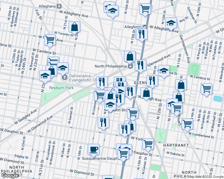 map of restaurants, bars, coffee shops, grocery stores, and more near 1601 W Lehigh Ave in Philadelphia