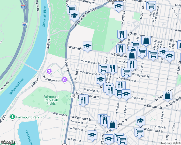 map of restaurants, bars, coffee shops, grocery stores, and more near 3113 West Cumberland Street in Philadelphia