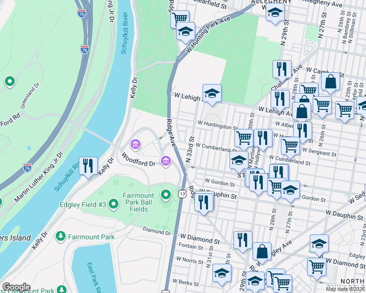 map of restaurants, bars, coffee shops, grocery stores, and more near 2444 North 33rd Street in Philadelphia