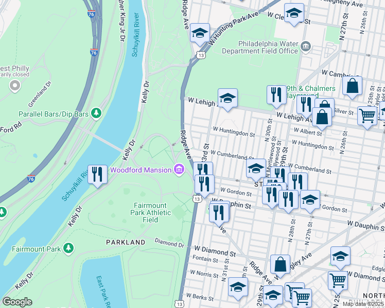 map of restaurants, bars, coffee shops, grocery stores, and more near 3365 Ridge Avenue in Philadelphia
