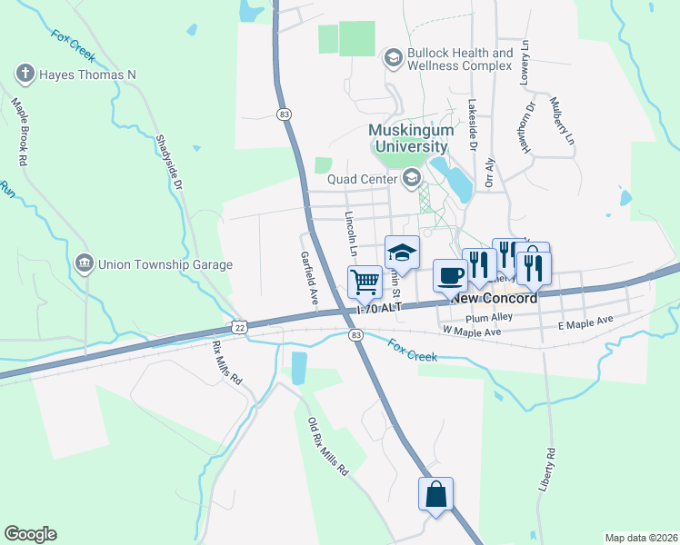 map of restaurants, bars, coffee shops, grocery stores, and more near 38 Friendship Drive in New Concord