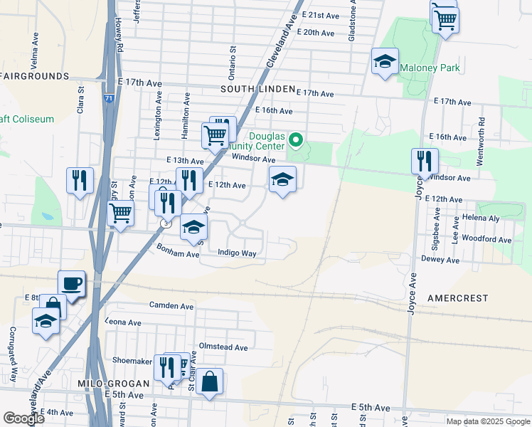 map of restaurants, bars, coffee shops, grocery stores, and more near 1400 Brooks Avenue in Columbus