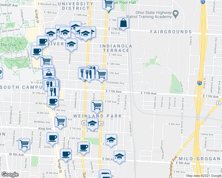 map of restaurants, bars, coffee shops, grocery stores, and more near 330 East 11th Avenue in Columbus