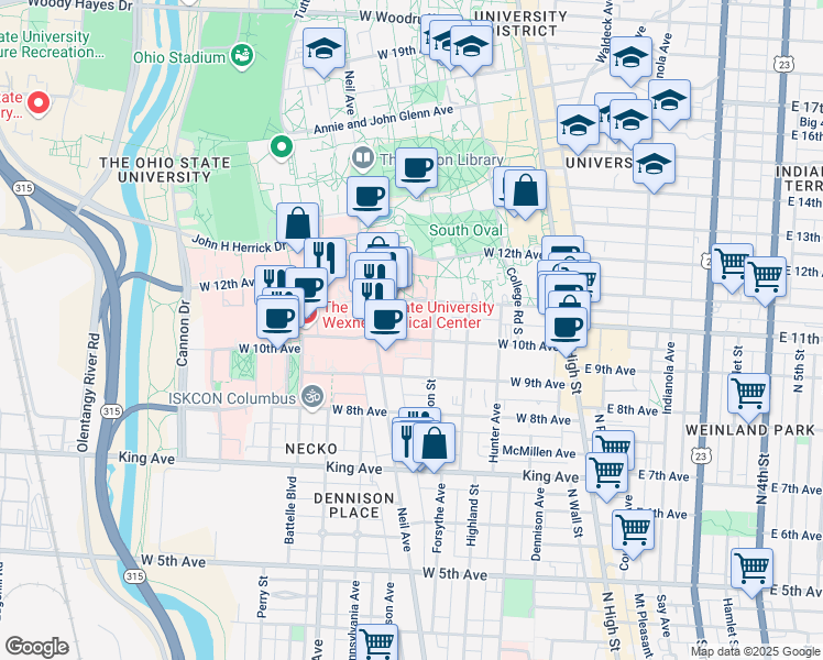 map of restaurants, bars, coffee shops, grocery stores, and more near 230 West 10th Avenue in Columbus