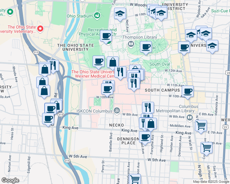 map of restaurants, bars, coffee shops, grocery stores, and more near 376 West 10th Avenue in Columbus