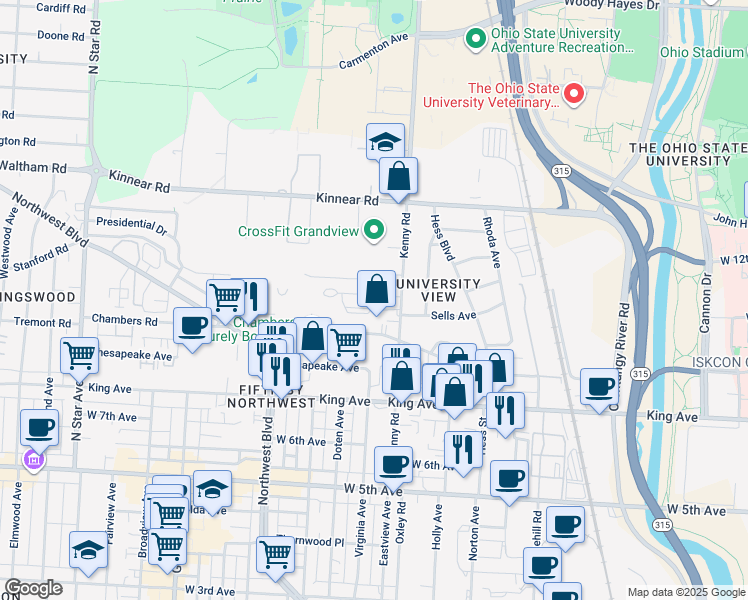 map of restaurants, bars, coffee shops, grocery stores, and more near 1731 Kenny Road in Columbus
